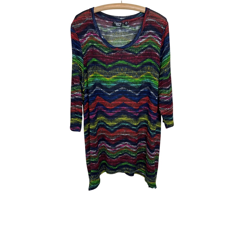 Onque Casual Tunic Top Womens 3X Multicolor Zig Zag Knit 3/4 Sleeve Stretch